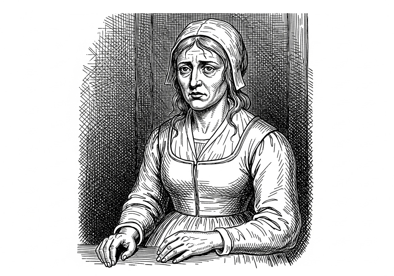 An AI artistic interpretation of Ursula Kemp on trial during the Witch Trials of St Osyth.